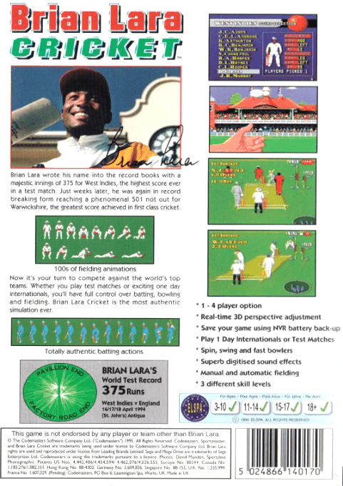 Brian Lara Cricket — box-2D-back (EU)