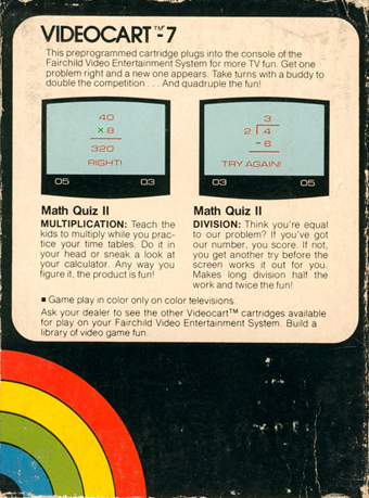Videocart-7 - Math Quiz 2 - Multiplication, Division — box-2D-back (SE)