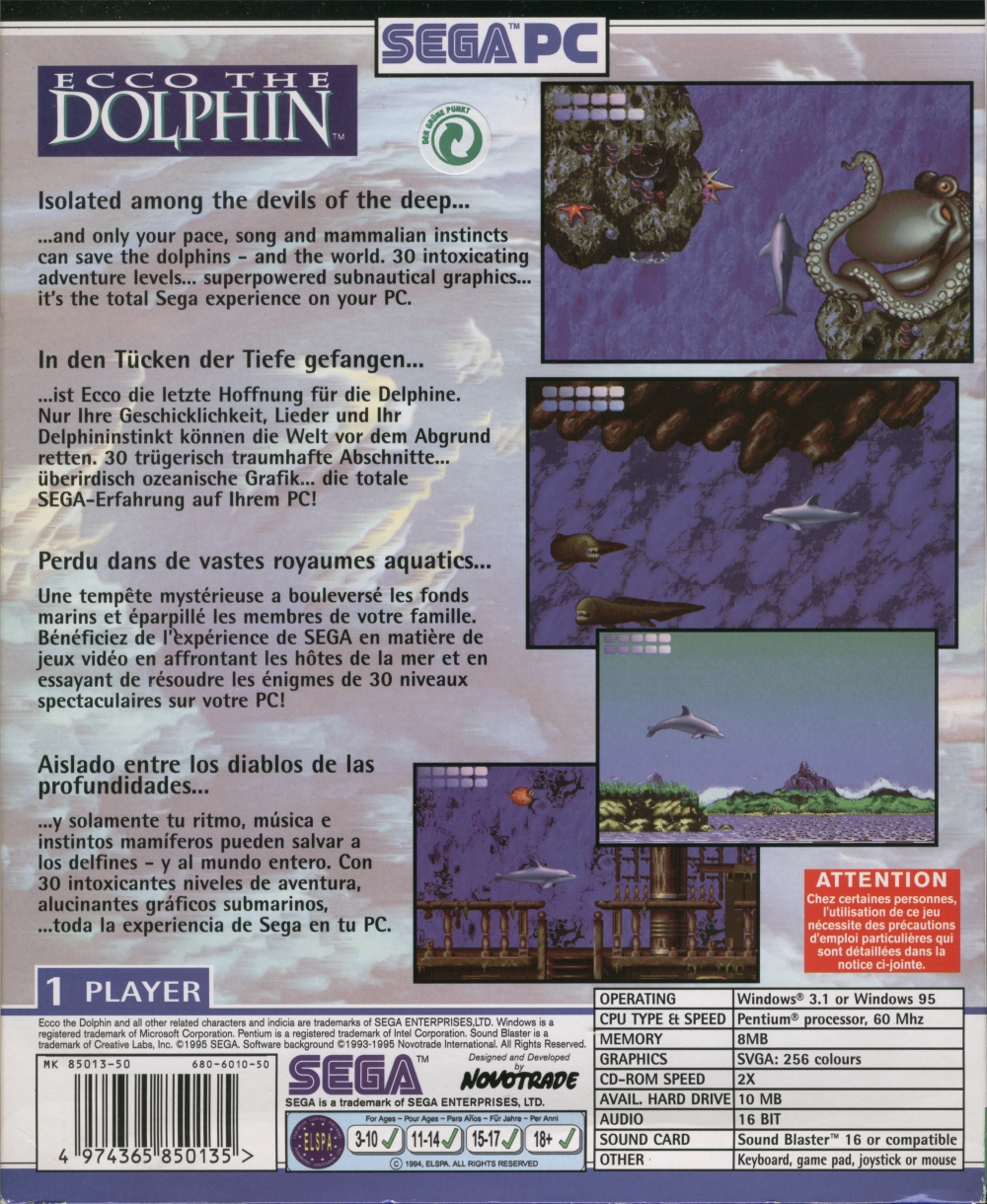 Ecco the Dolphin — box-2D-back (US)