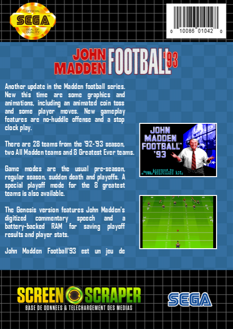 John Madden Football '93 — box-2D-back (SS)