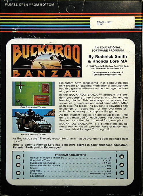 Adventures of Buckaroo Banzai, The - Across the 8th Dimension! — box-2D-back (US)
