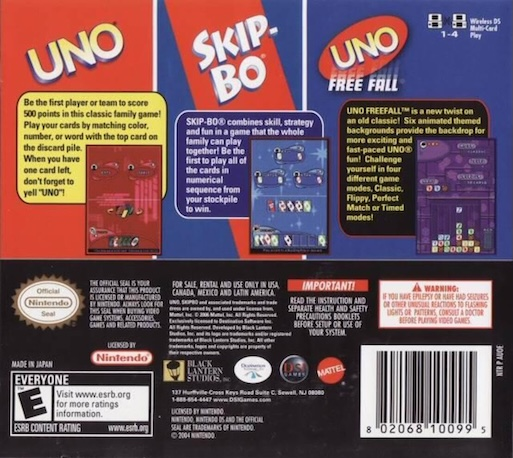 Uno Skip-bo Uno Free Fall — box-2D-back (US)