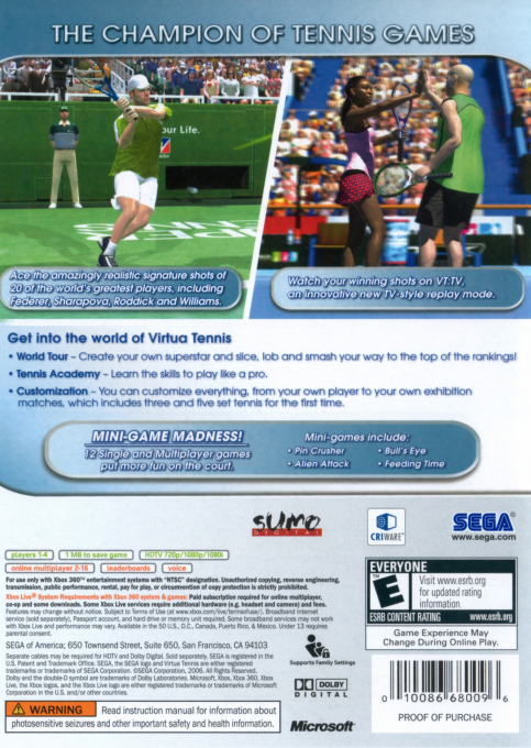 Virtua Tennis 3 — box-2D-back (US)