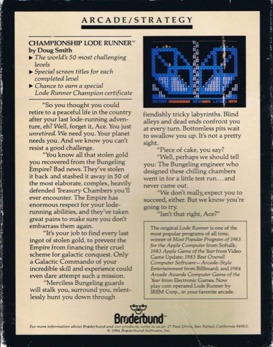 Championship Lode Runner — box-2D-back (US)