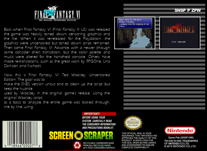 Final Fantasy VI : Ted Woolsey Uncensored Edition — box-2D-back (SS)