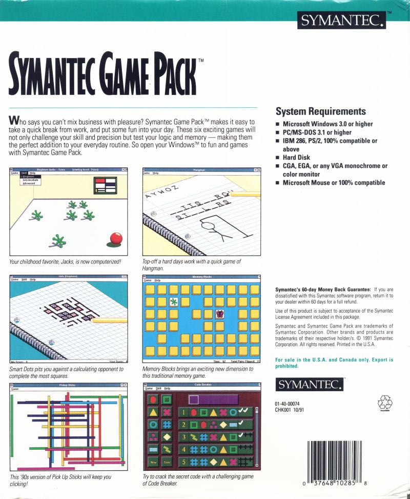 Symantec Game Pack — box-2D-back (US)