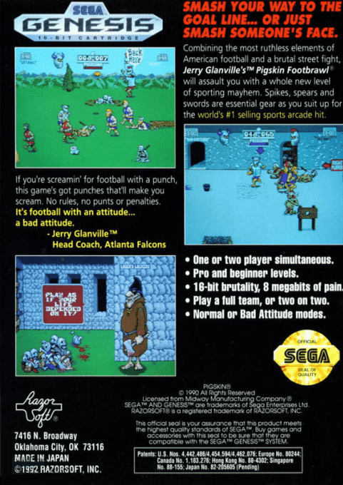 Jerry Glanville's Pigskin Footbrawl — box-2D-back (US)