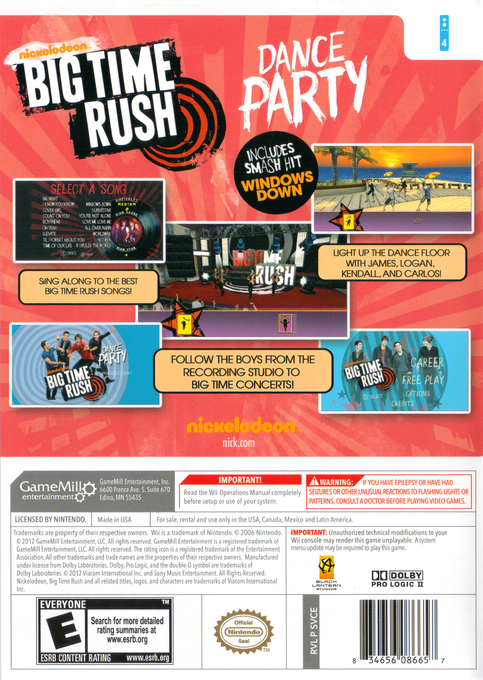 Nickelodeon Big Time Rush - Dance Party — box-2D-back (US)