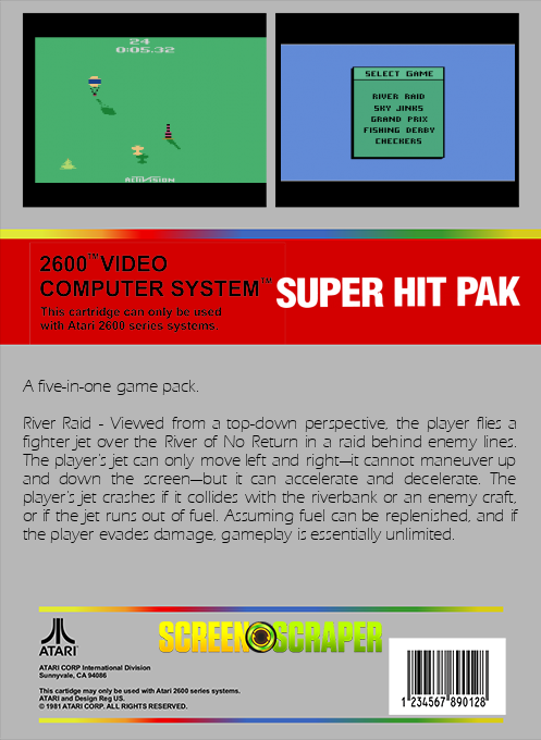Super Hit Pak - River Raid / Grand Prix / Fishing Derby / Sky Jinks / Checkers — box-2D-back (SS)