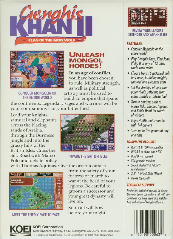 Genghis Khan 2 - Clan of the Grey Wolf — box-2D-back (US)