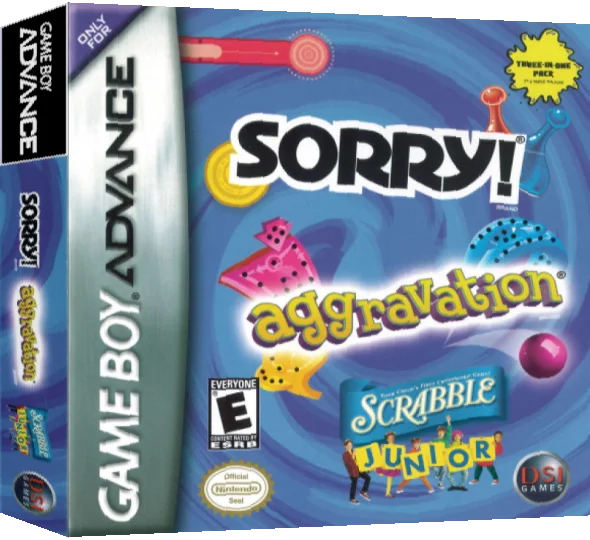 Three-in-One Pack - Sorry! + Aggravation + Scrabble Junior — box-3D (US)