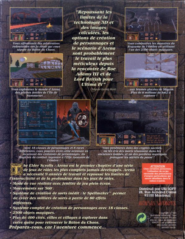 Elder Scrolls - Arena, The — box-2D-back (FR)