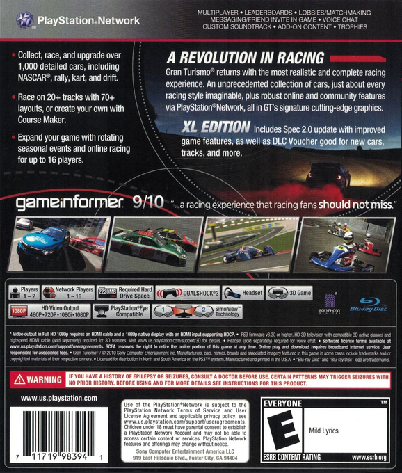 Gran Turismo 5 - XL Edition — box-2D-back (US)