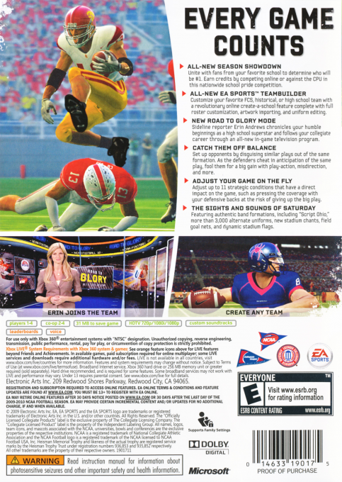 NCAA Football 10 — box-2D-back (US)