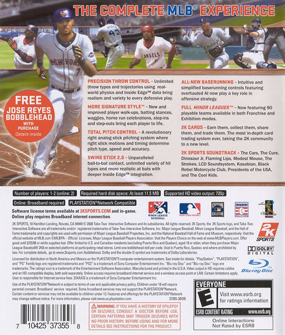 Major League Baseball 2K8 — box-2D-back (US)