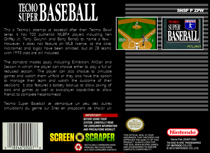 Tecmo Super Baseball — box-2D-back (SS)