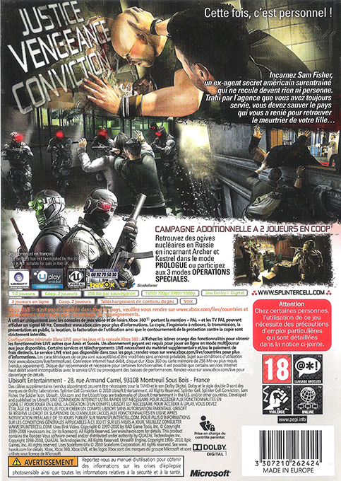 Tom Clancy's Splinter Cell - Conviction — box-2D-back (FR)