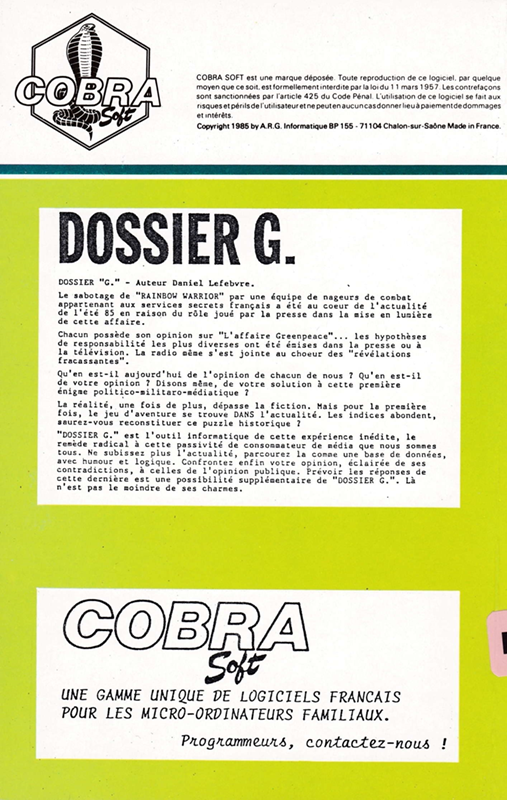 Dossier G - Rainbow Warrior — box-2D-back (FR)
