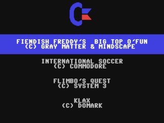 C64 Games System : Fiendish Freddy's Big Top o' Fun / International Soccer / Flimbo's Quest / Klax — ss (WOR)