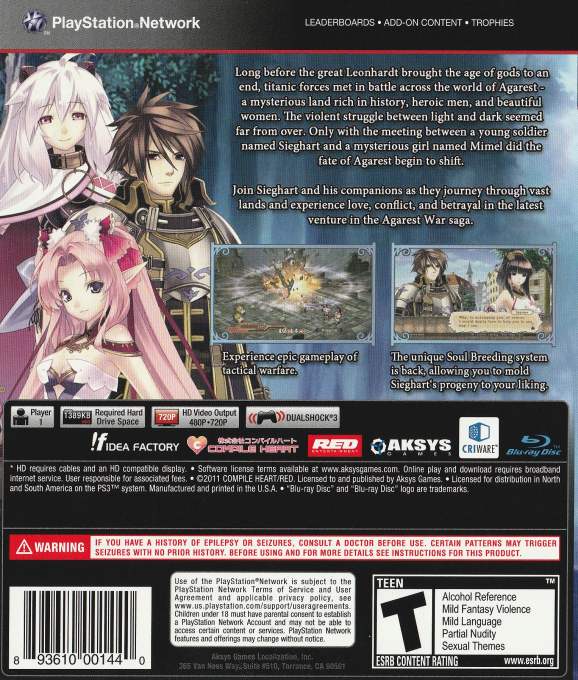 Agarest Senki Zero — box-2D-back (US)